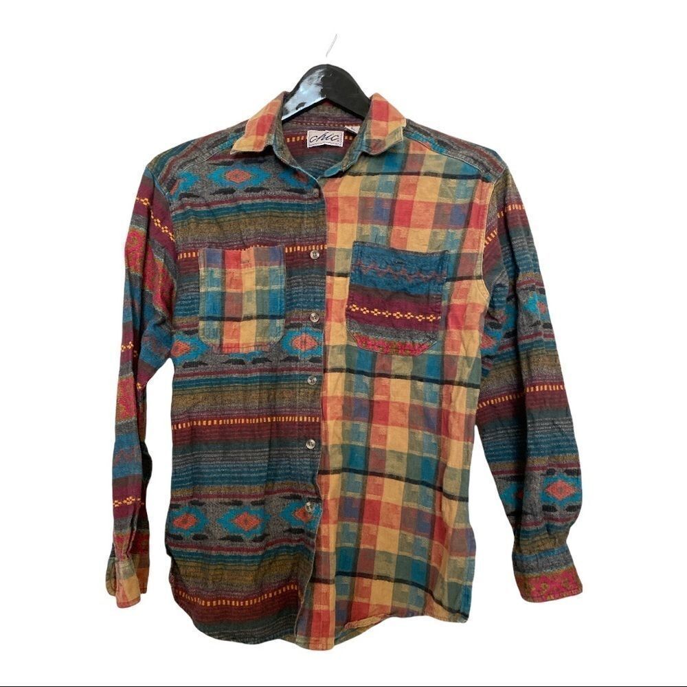 Chic | Vintage 90s CHIC Southwestern Aztec Multi Print Button Down Shirt | S